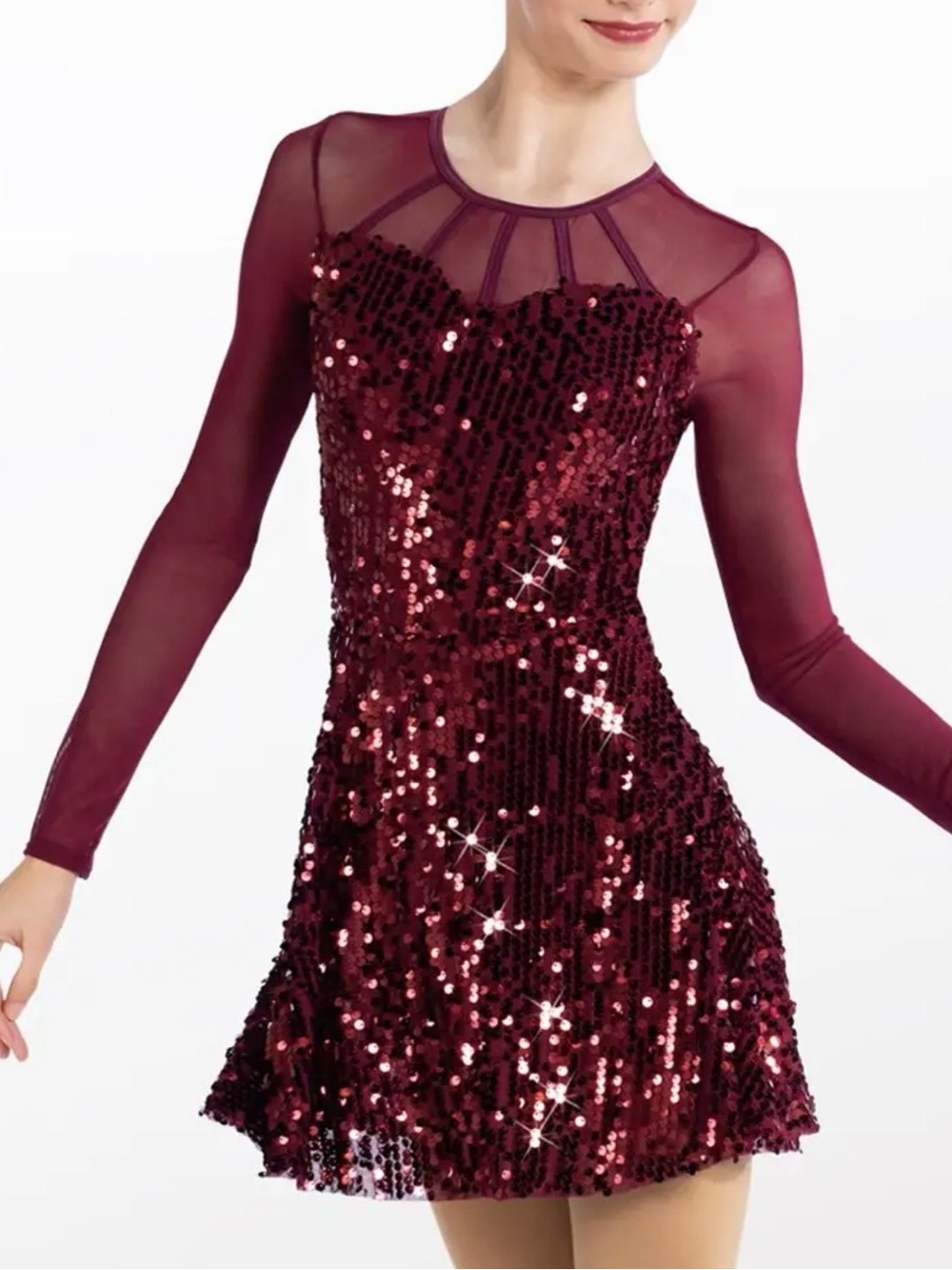 Weissman “Real Wild Child” Burgundy Sequin Mesh Long-Sleeve Dance Dress - MA